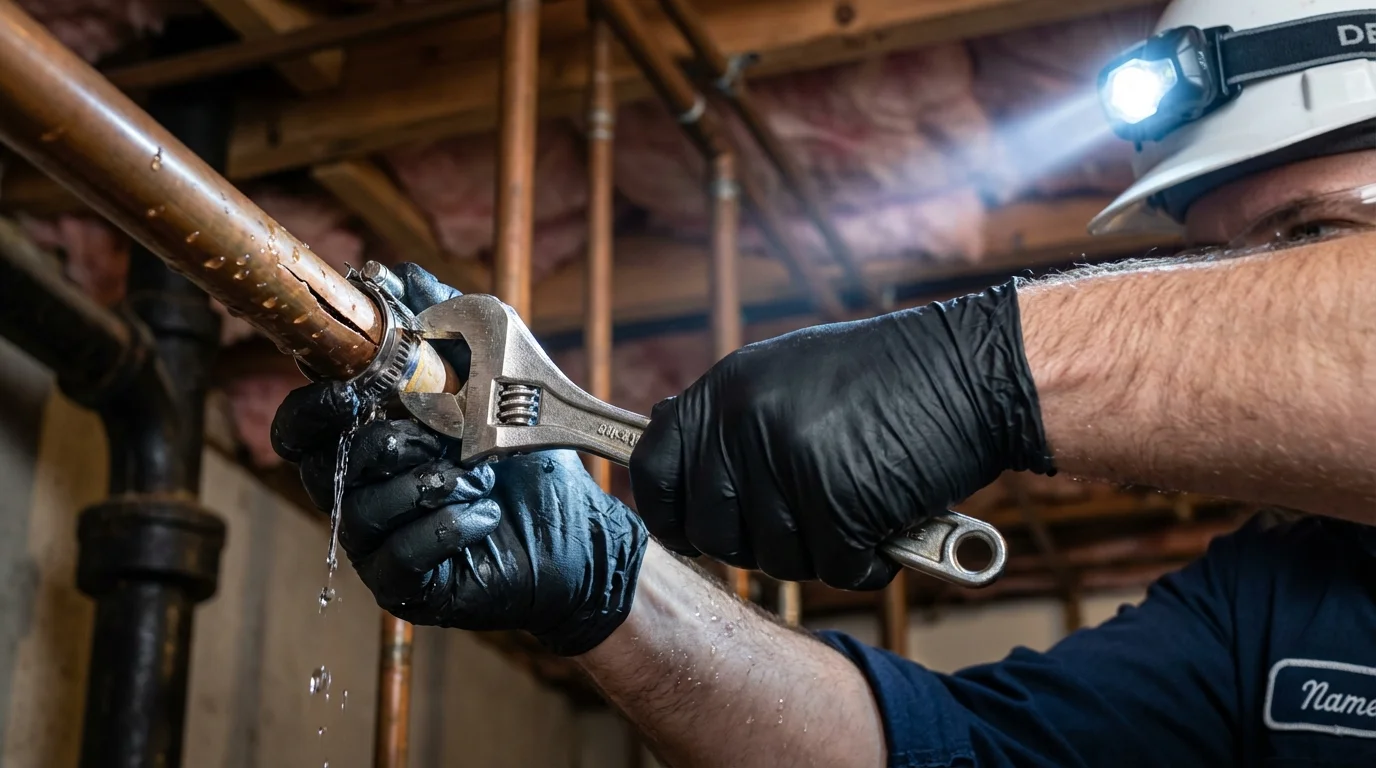 Emergency pipe clamp repair being performed by a Johns Plumbing LLC plumber in Yelm