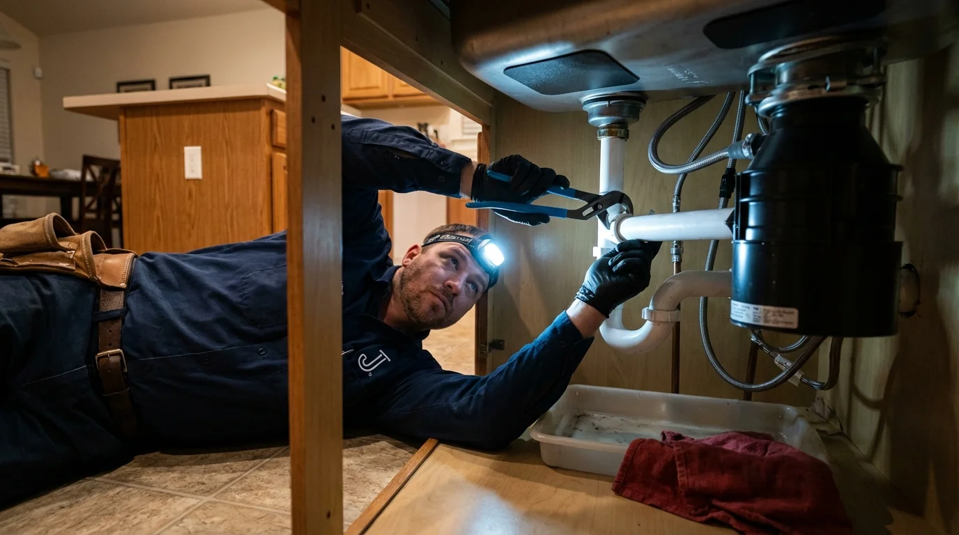 P-trap and supply line connections under a kitchen sink showing a common leak point in Yelm, WA
